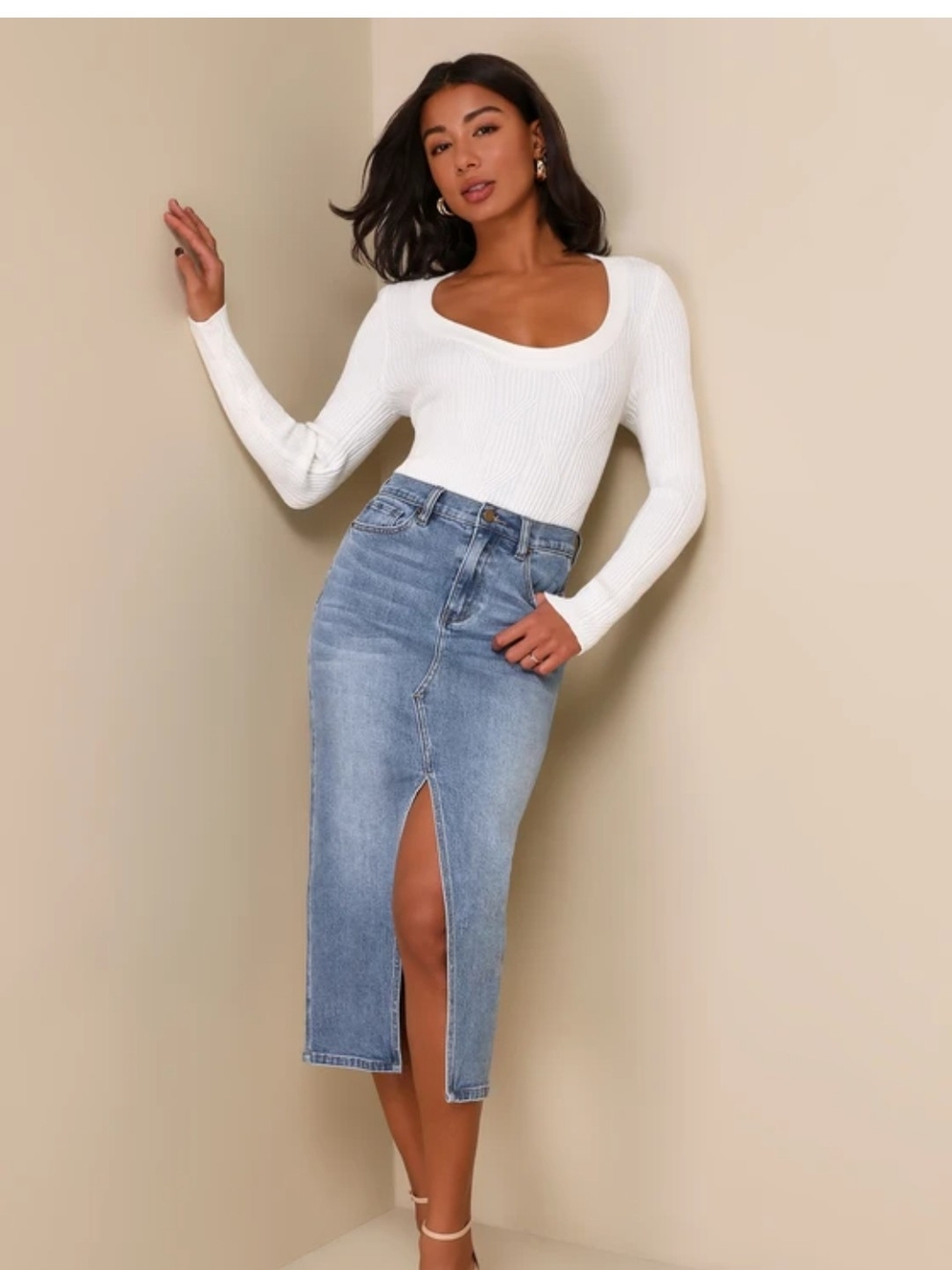 Lulus Medium Wash High Rise Denim Midi Skirt